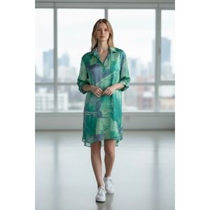 Entro Green Blue Abstract Print Shirt Dress Collared‎ 3/4 Sleeve Womens